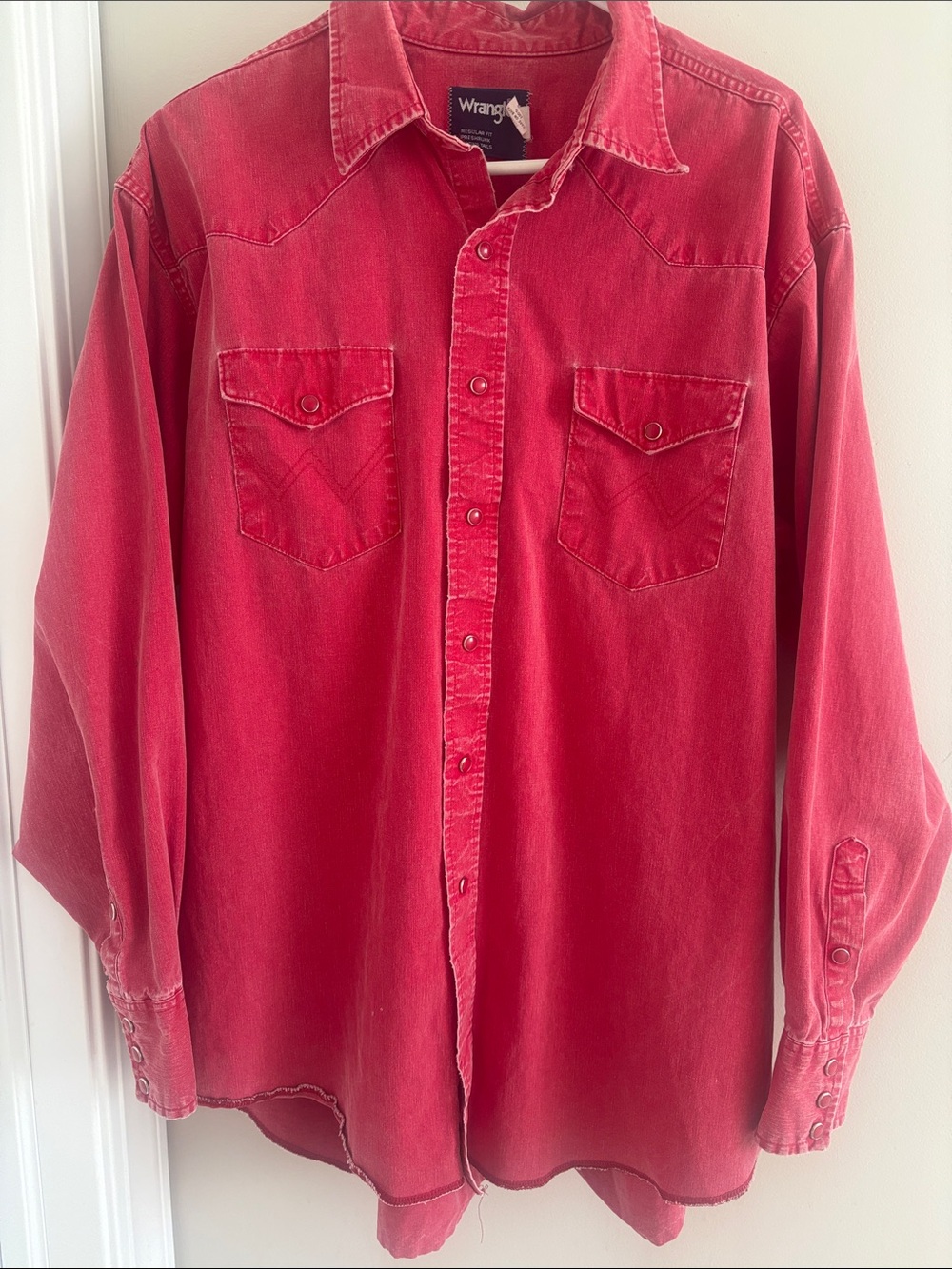 Vintage 90s Wrangler Brushpopper Washed Red Western Pearl Snap Shirt 18x35 XXL